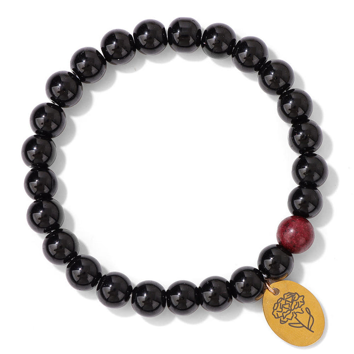 Bracelet en métal Olivenorma avec perles d'obsidienne de 8 mm et fleur de naissance