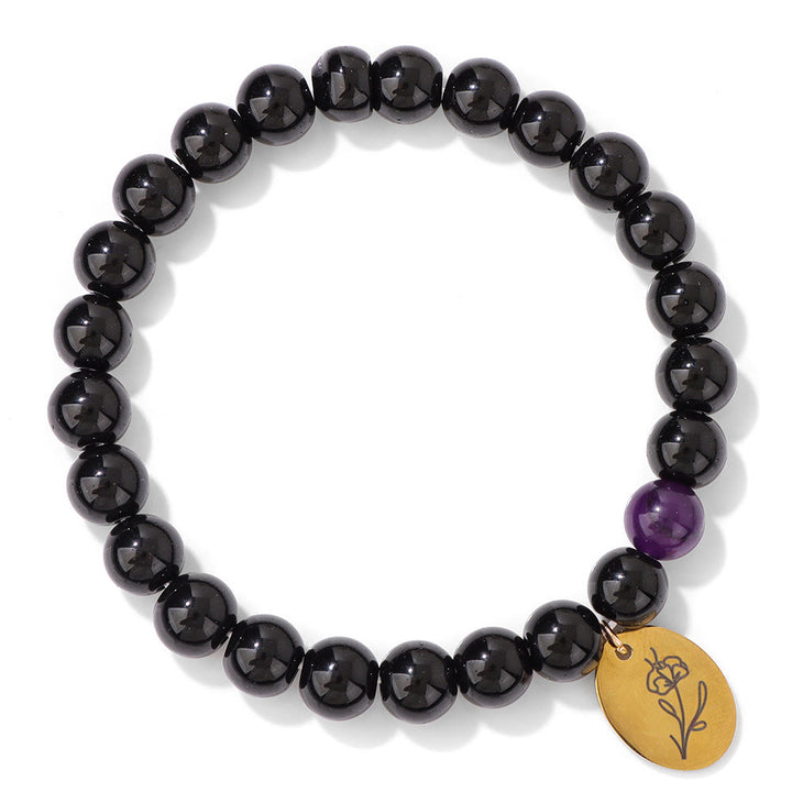 Bracelet en métal Olivenorma avec perles d'obsidienne de 8 mm et fleur de naissance