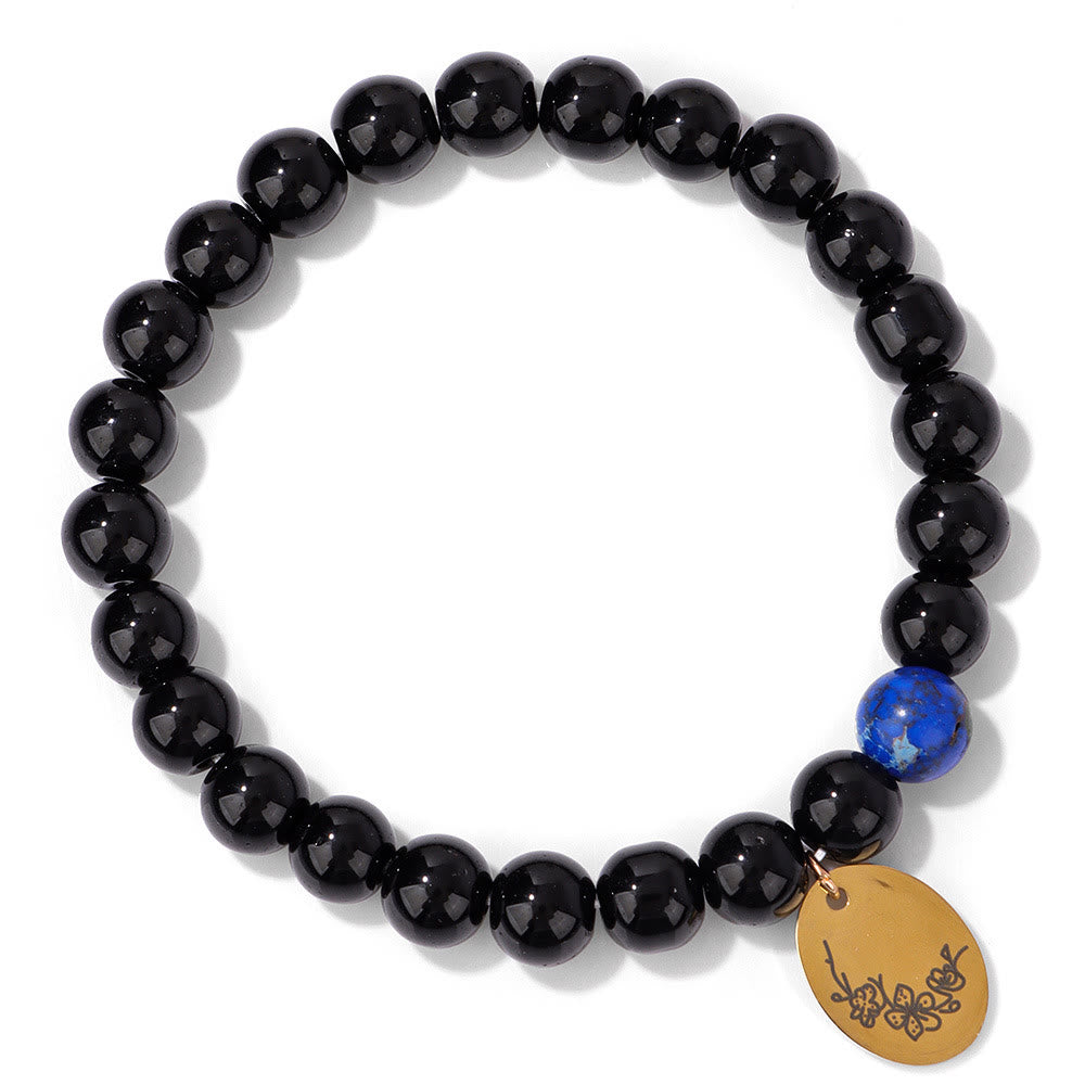 Bracelet en métal Olivenorma avec perles d'obsidienne de 8 mm et fleur de naissance