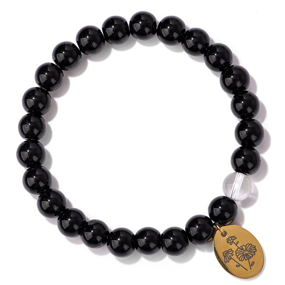 Bracelet en métal Olivenorma avec perles d'obsidienne de 8 mm et fleur de naissance