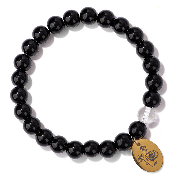 Bracelet en métal Olivenorma avec perles d'obsidienne de 8 mm et fleur de naissance