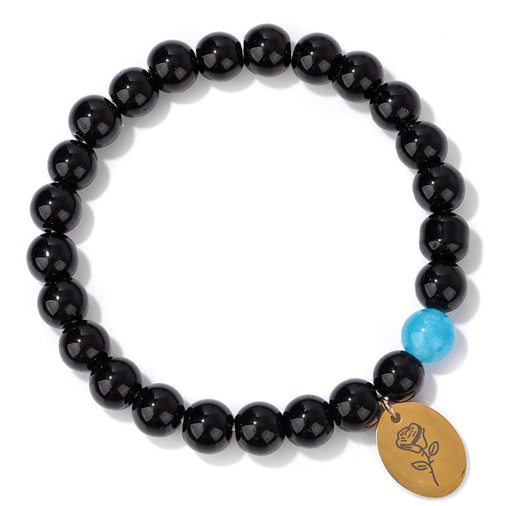 Bracelet en métal Olivenorma avec perles d'obsidienne de 8 mm et fleur de naissance