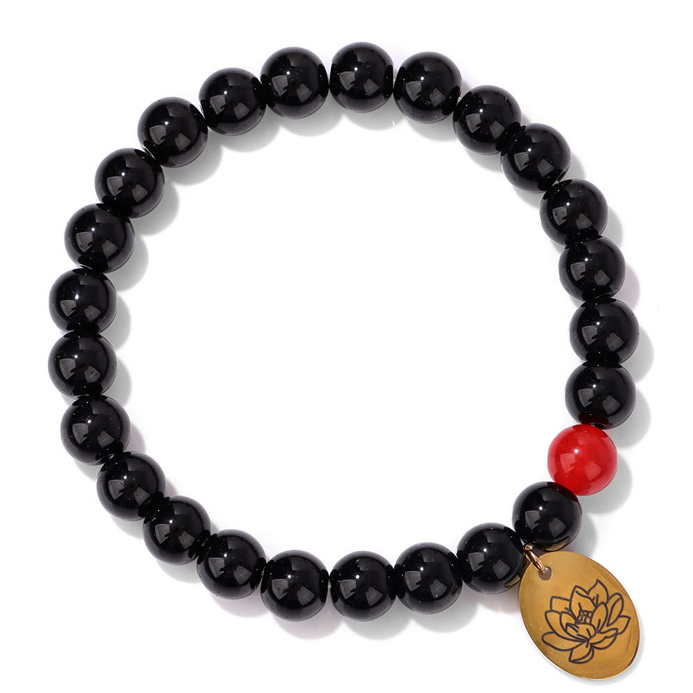 Bracelet en métal Olivenorma avec perles d'obsidienne de 8 mm et fleur de naissance