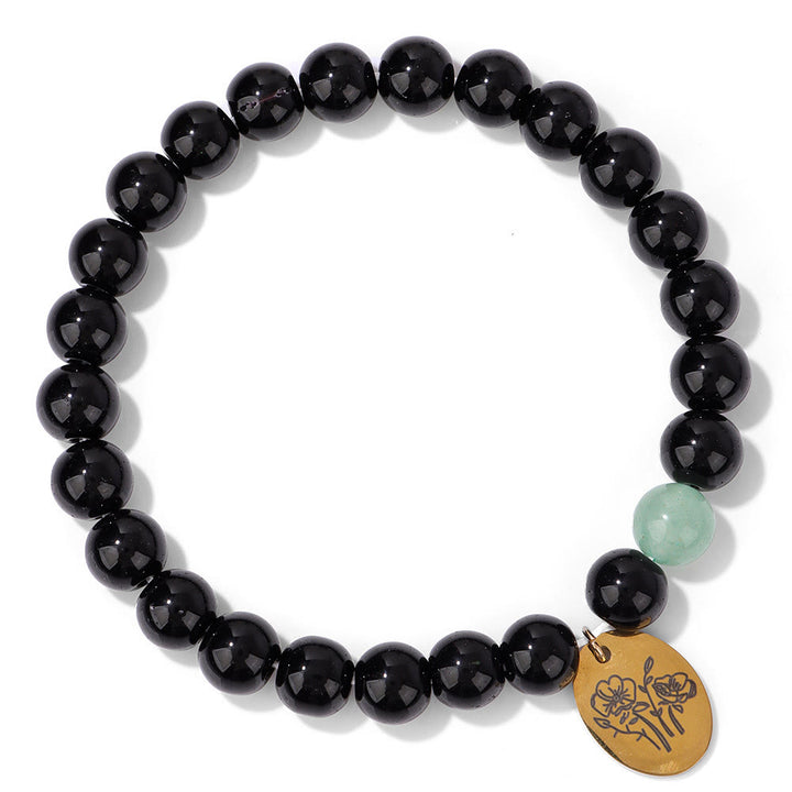 Bracelet en métal Olivenorma avec perles d'obsidienne de 8 mm et fleur de naissance
