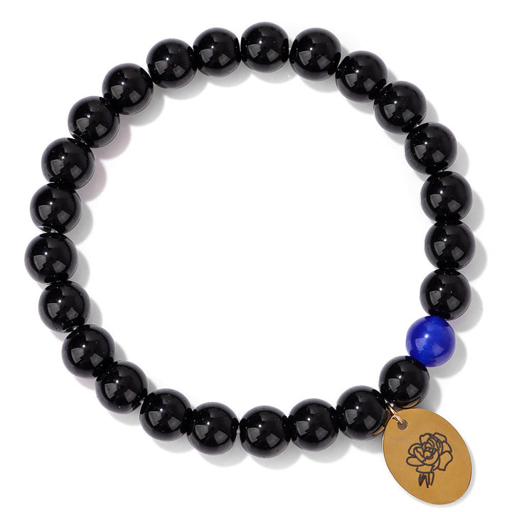 Bracelet en métal Olivenorma avec perles d'obsidienne de 8 mm et fleur de naissance