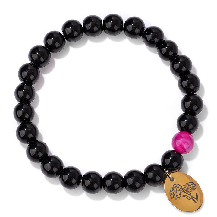 Bracelet en métal Olivenorma avec perles d'obsidienne de 8 mm et fleur de naissance