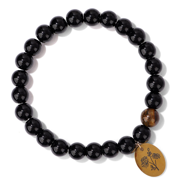 Bracelet en métal Olivenorma avec perles d'obsidienne de 8 mm et fleur de naissance