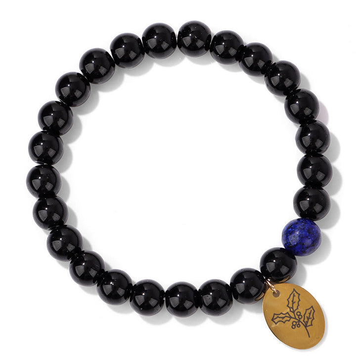 Bracelet en métal Olivenorma avec perles d'obsidienne de 8 mm et fleur de naissance