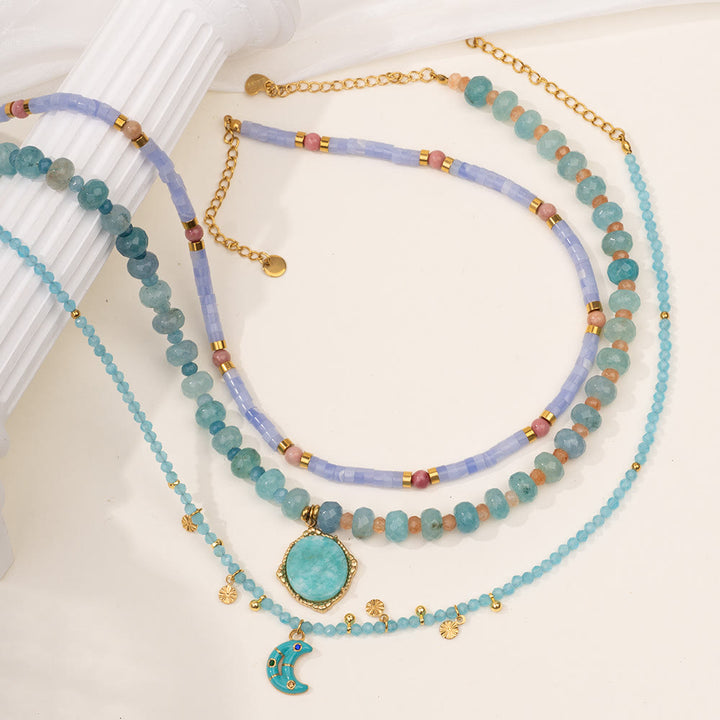 Collier de perles Olivenorma en amazonite, aigue-marine et calcédoine bleue
