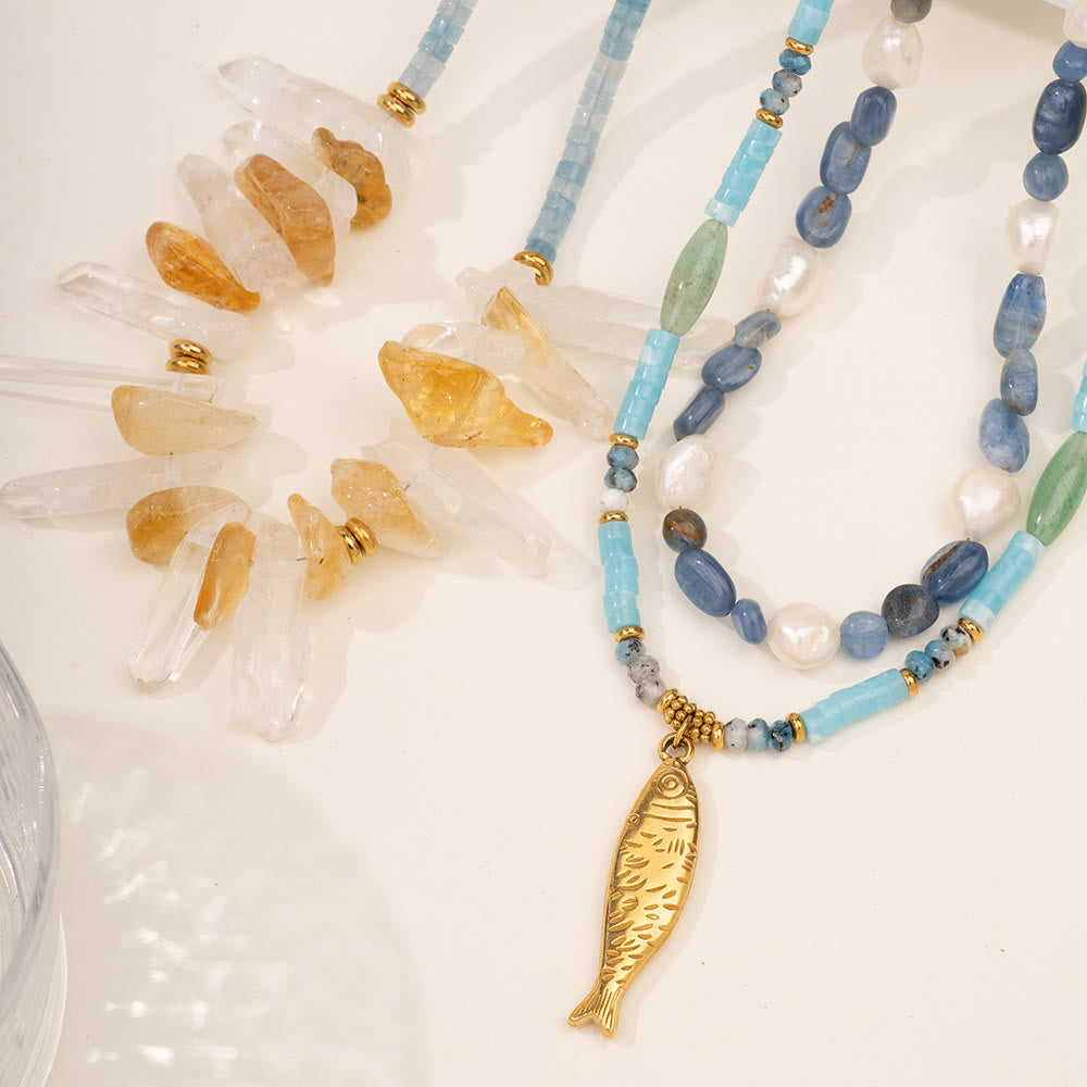 Collier pendentif poisson en acier inoxydable avec perles de cristal Olivenorma