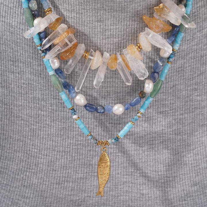 Collier pendentif poisson en acier inoxydable avec perles de cristal Olivenorma