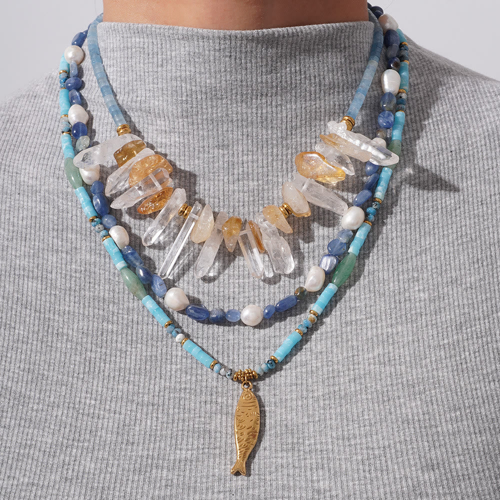 Collier pendentif poisson en acier inoxydable avec perles de cristal Olivenorma