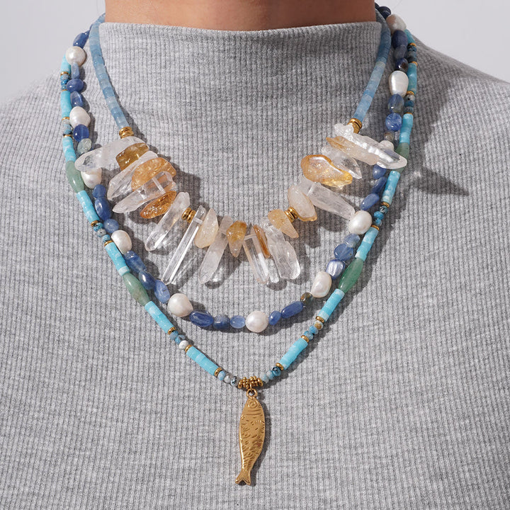 Collier pendentif poisson en acier inoxydable avec perles de cristal Olivenorma