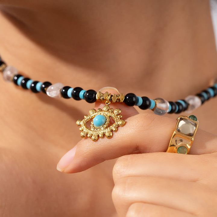 Collier Olivenorma en perles d'améthyste œil de tigre et mauvais œil