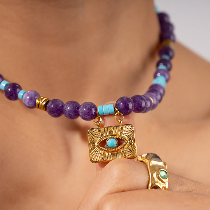 Collier Olivenorma en perles d'améthyste œil de tigre et mauvais œil