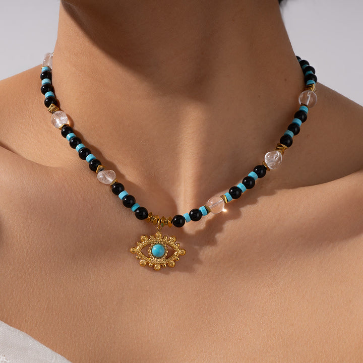 Collier Olivenorma en perles d'améthyste œil de tigre et mauvais œil