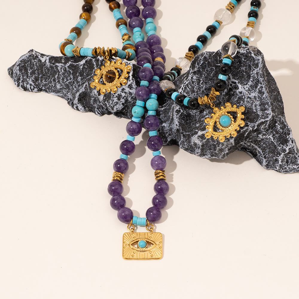 Collier Olivenorma en perles d'améthyste œil de tigre et mauvais œil