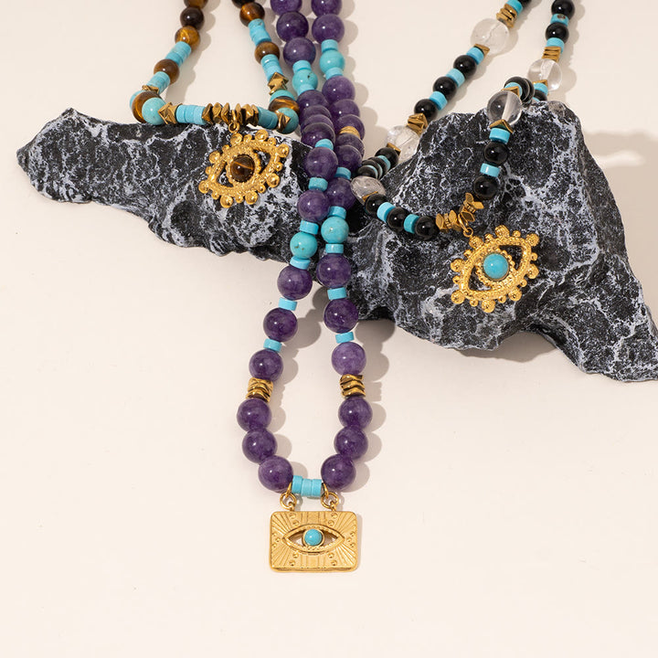 Collier Olivenorma en perles d'améthyste œil de tigre et mauvais œil