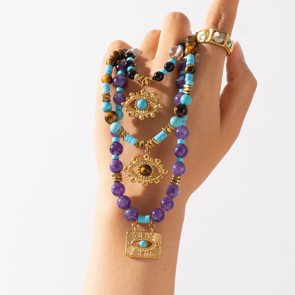 Collier Olivenorma en perles d'améthyste œil de tigre et mauvais œil