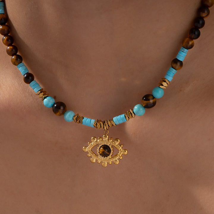 Collier Olivenorma en perles d'améthyste œil de tigre et mauvais œil