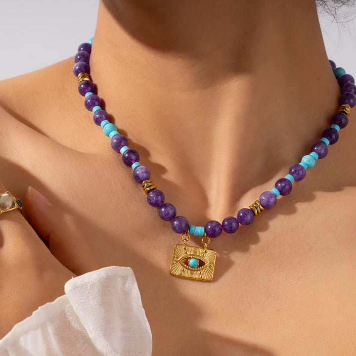 Collier Olivenorma en perles d'améthyste œil de tigre et mauvais œil