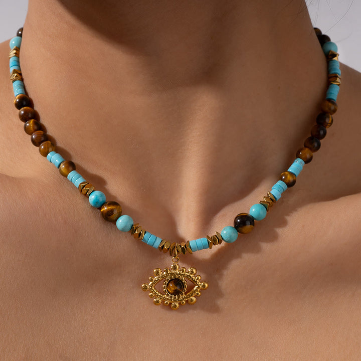 Collier Olivenorma en perles d'améthyste œil de tigre et mauvais œil