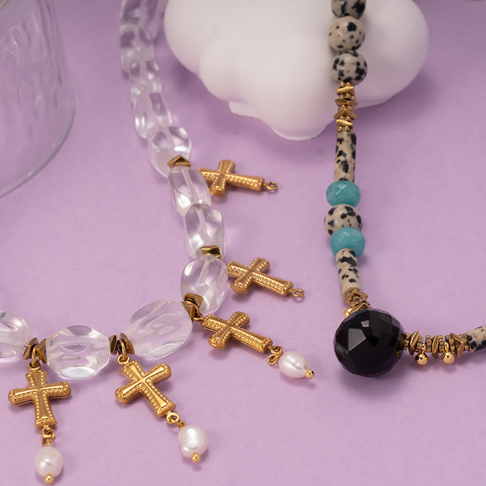 Collier pendentif croix en cristal transparent et jaspe dalmatien Olivenorma