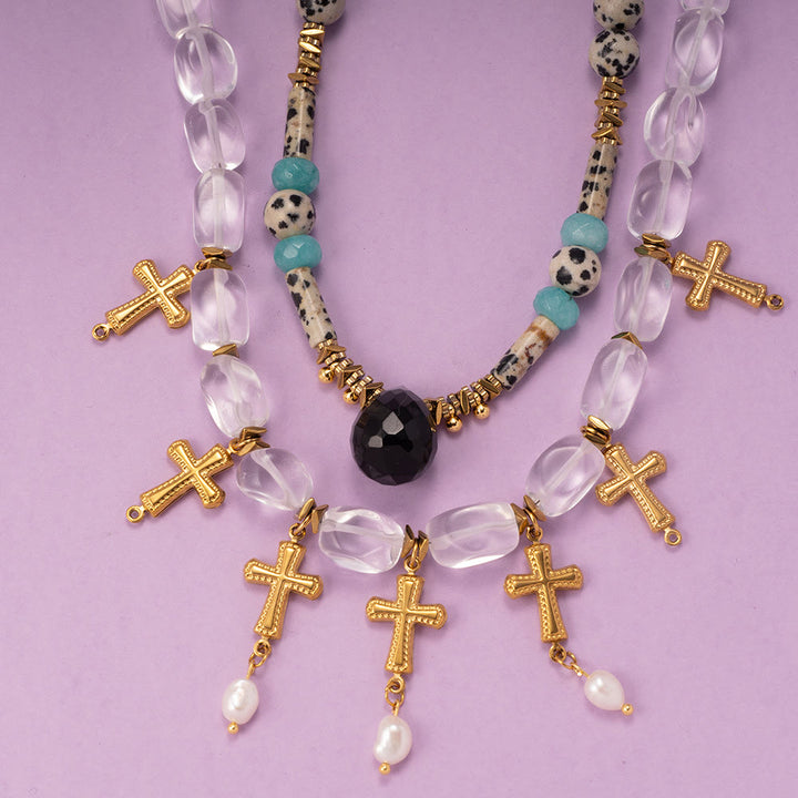 Collier pendentif croix en cristal transparent et jaspe dalmatien Olivenorma