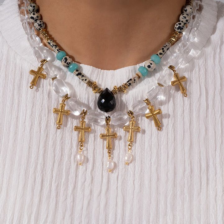 Collier pendentif croix en cristal transparent et jaspe dalmatien Olivenorma