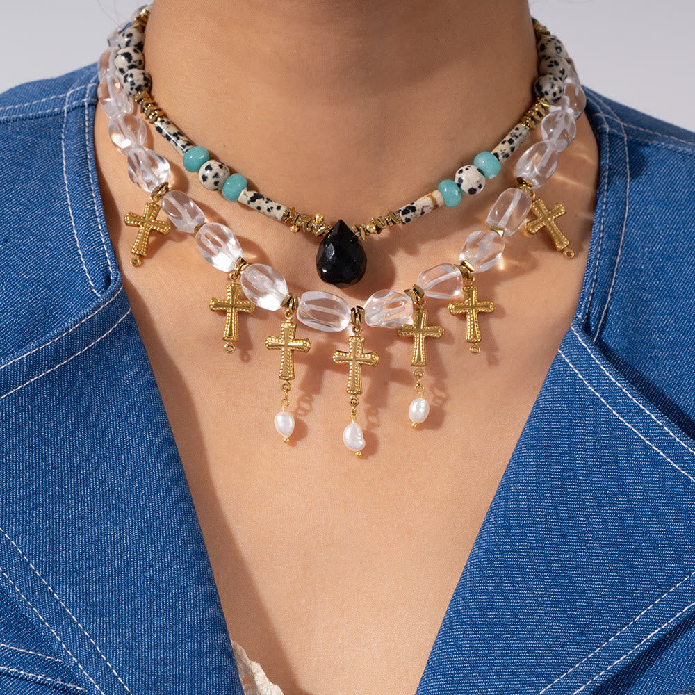 Collier pendentif croix en cristal transparent et jaspe dalmatien Olivenorma