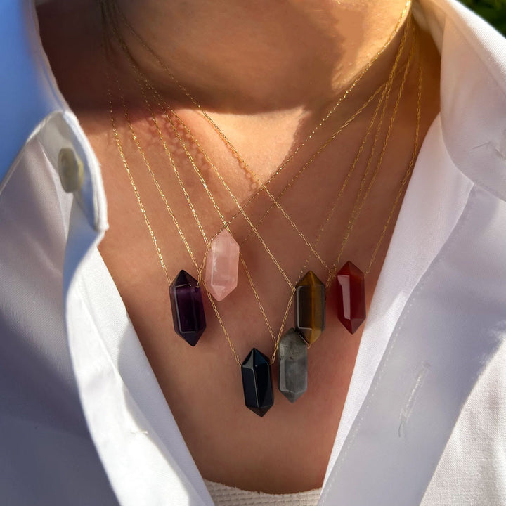 Collier en acier titane avec pendentif double pointe en cristal Olivenorma