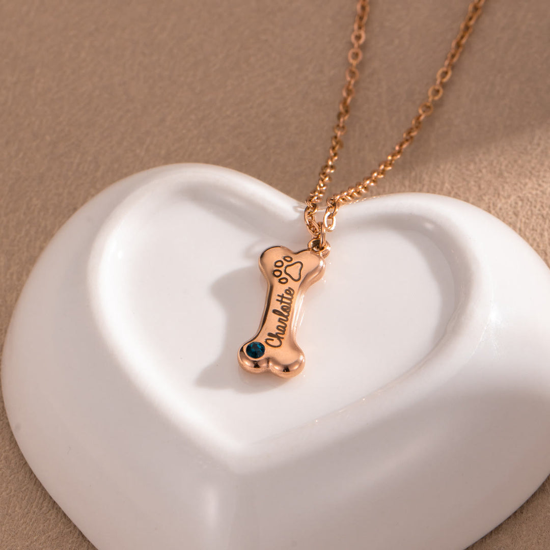 Collier personnalisé Olivenorma en acier inoxydable avec pierre de naissance et os de chien