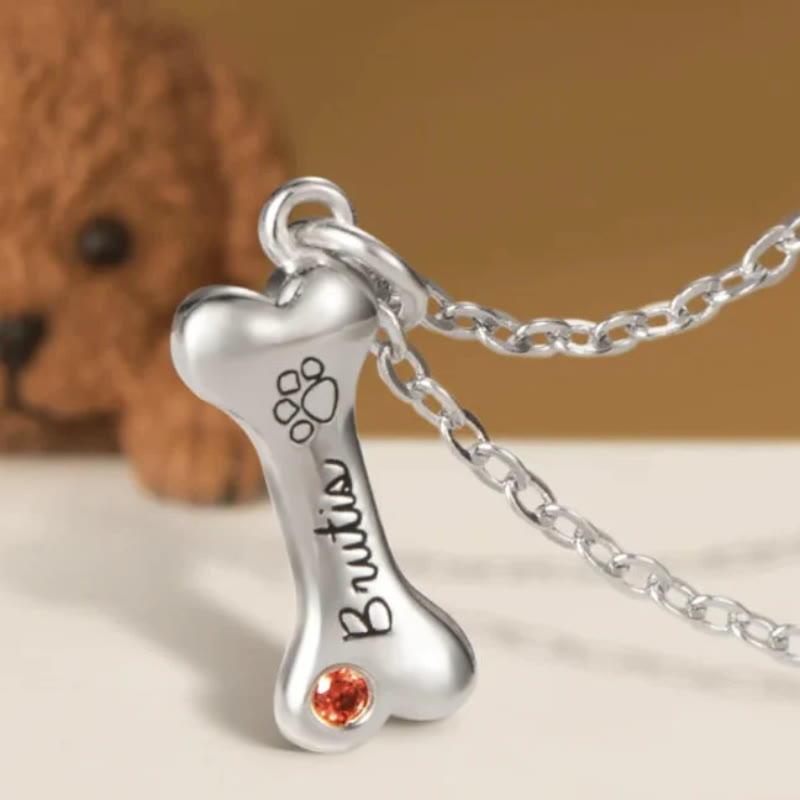 Collier personnalisé Olivenorma en acier inoxydable avec pierre de naissance et os de chien