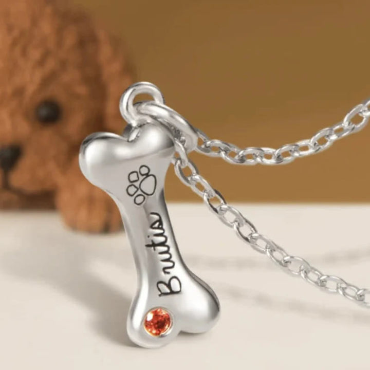 Collier personnalisé Olivenorma en acier inoxydable avec pierre de naissance et os de chien