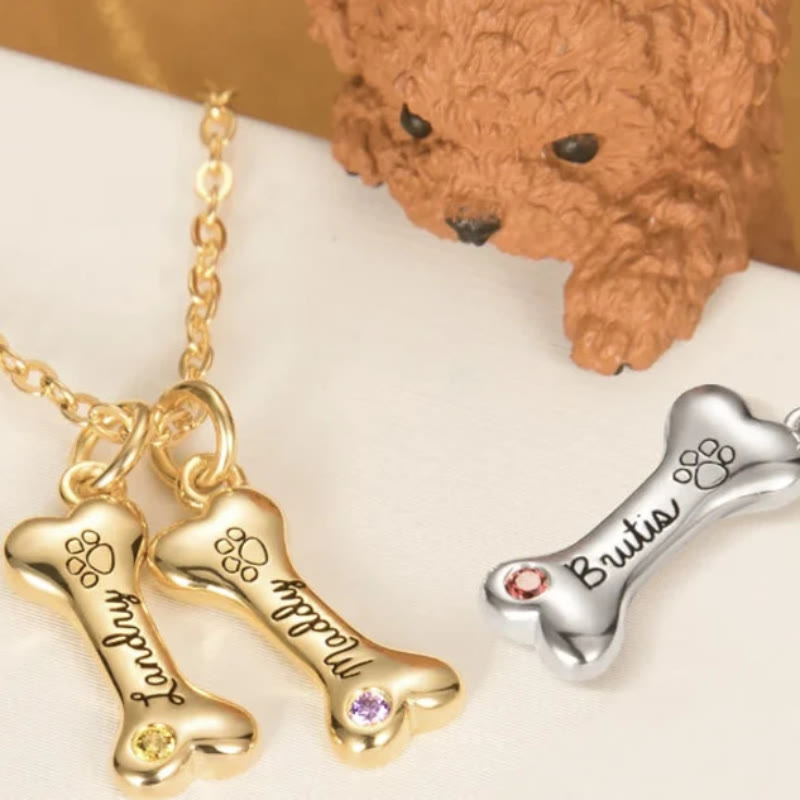 Collier personnalisé Olivenorma en acier inoxydable avec pierre de naissance et os de chien
