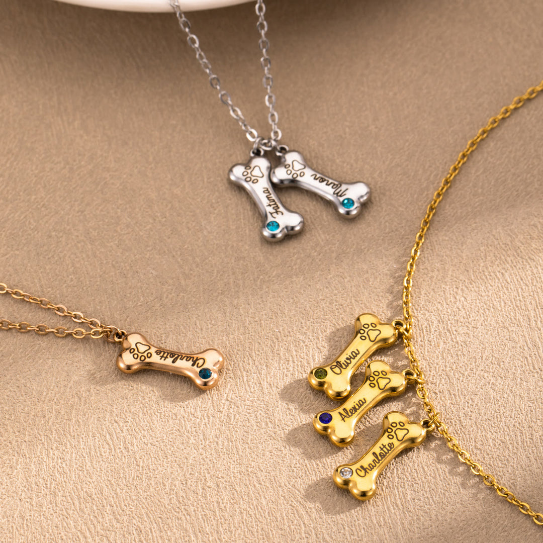 Collier personnalisé Olivenorma en acier inoxydable avec pierre de naissance et os de chien