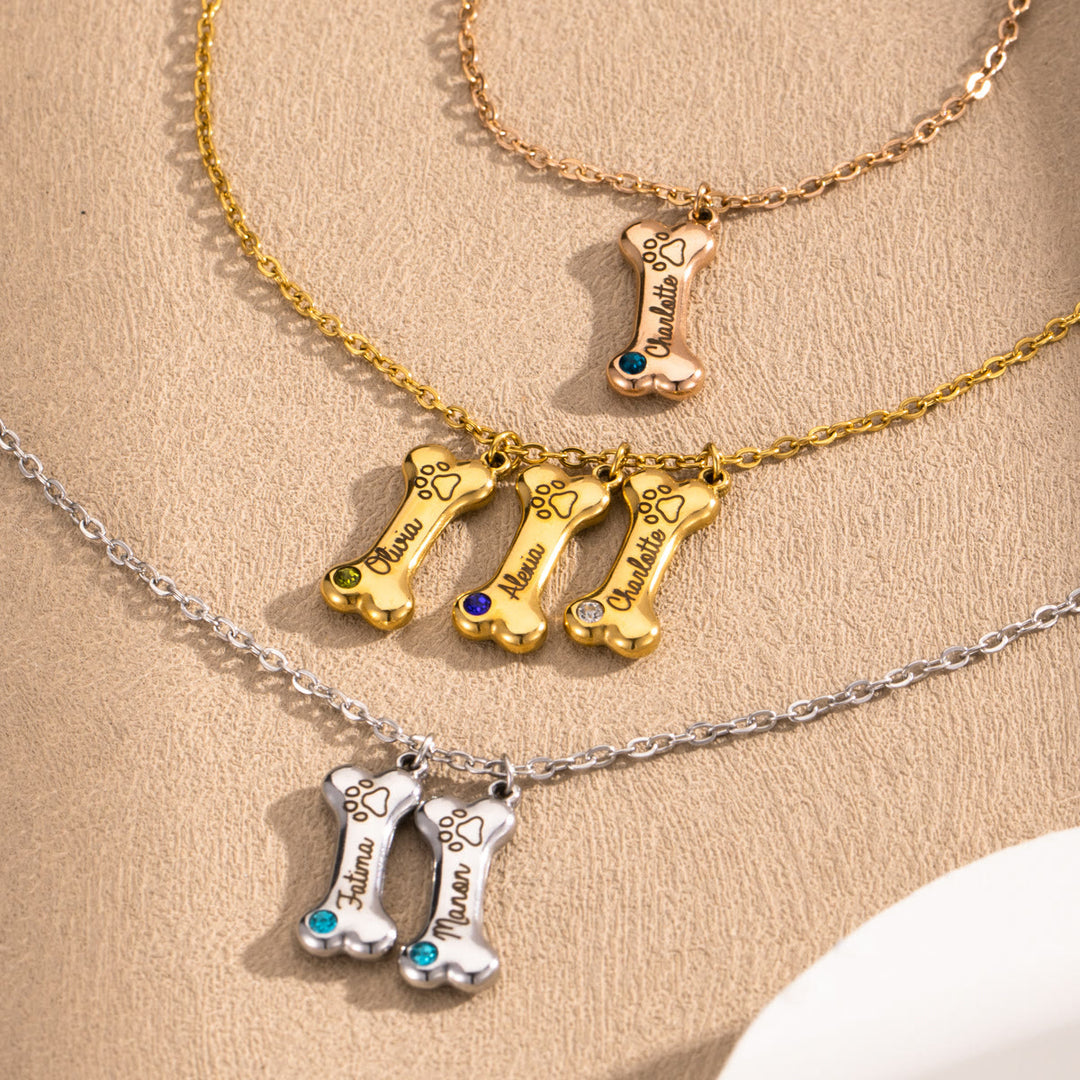 Collier personnalisé Olivenorma en acier inoxydable avec pierre de naissance et os de chien