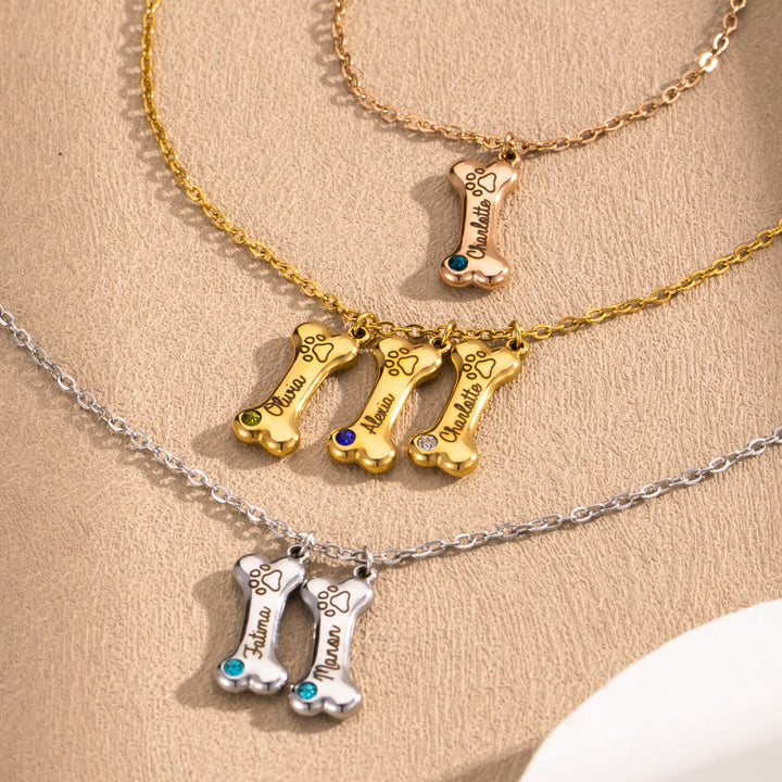 Collier personnalisé Olivenorma en acier inoxydable avec pierre de naissance et os de chien