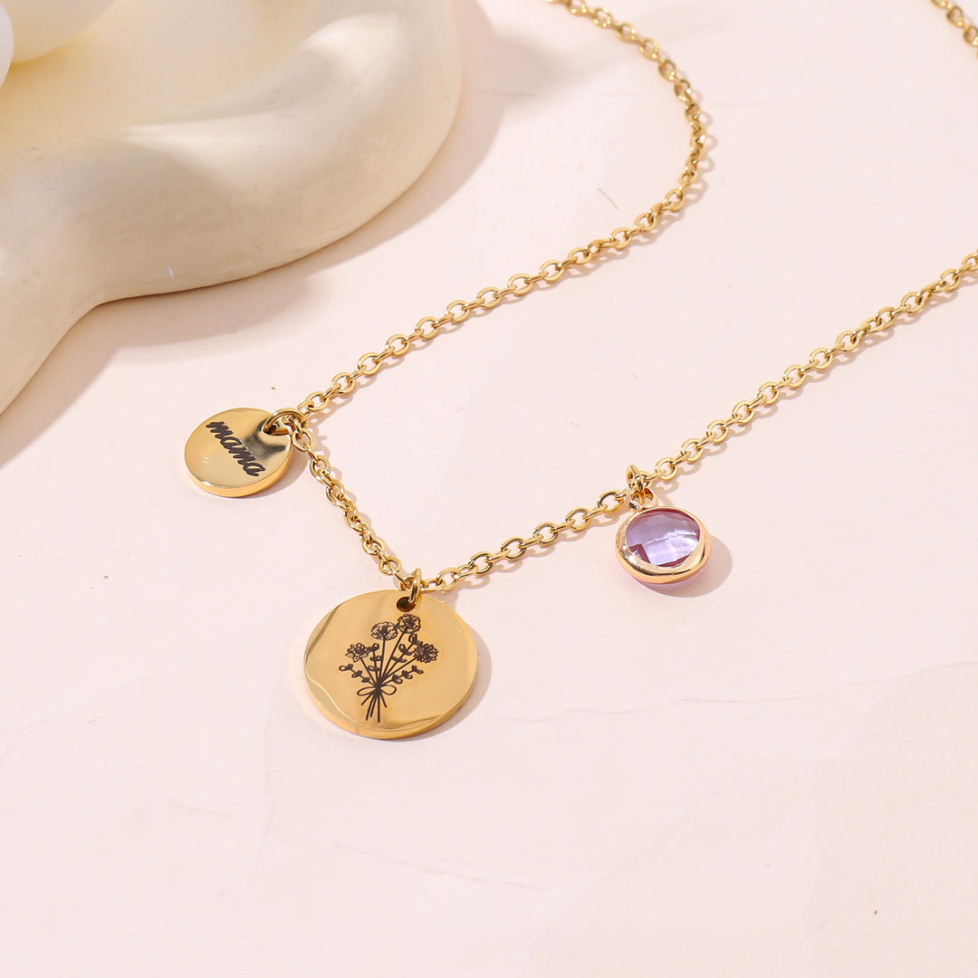 Collier en acier inoxydable avec pierre de naissance et fleur de naissance personnalisée Olivenorma