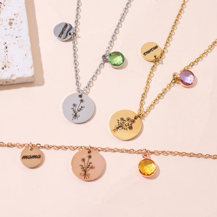 Collier en acier inoxydable avec pierre de naissance et fleur de naissance personnalisée Olivenorma