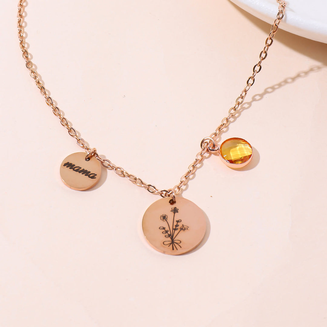 Collier en acier inoxydable avec pierre de naissance et fleur de naissance personnalisée Olivenorma