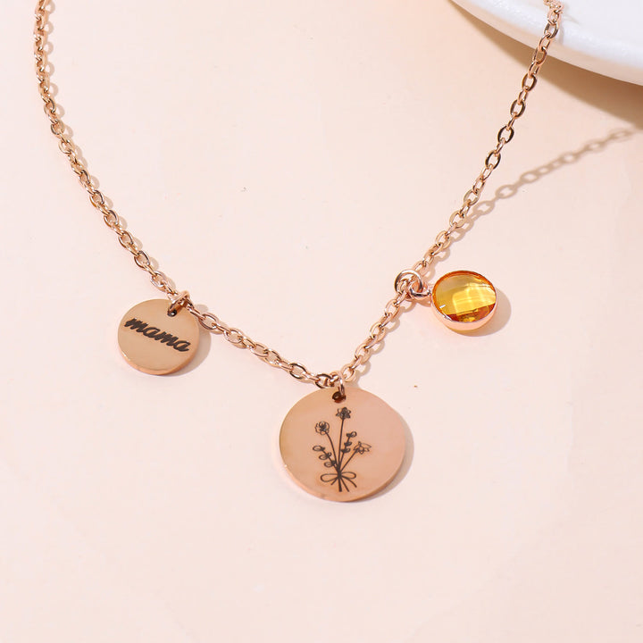 Collier en acier inoxydable avec pierre de naissance et fleur de naissance personnalisée Olivenorma