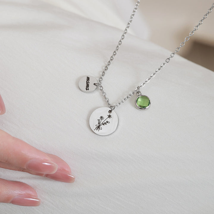 Collier en acier inoxydable avec pierre de naissance et fleur de naissance personnalisée Olivenorma
