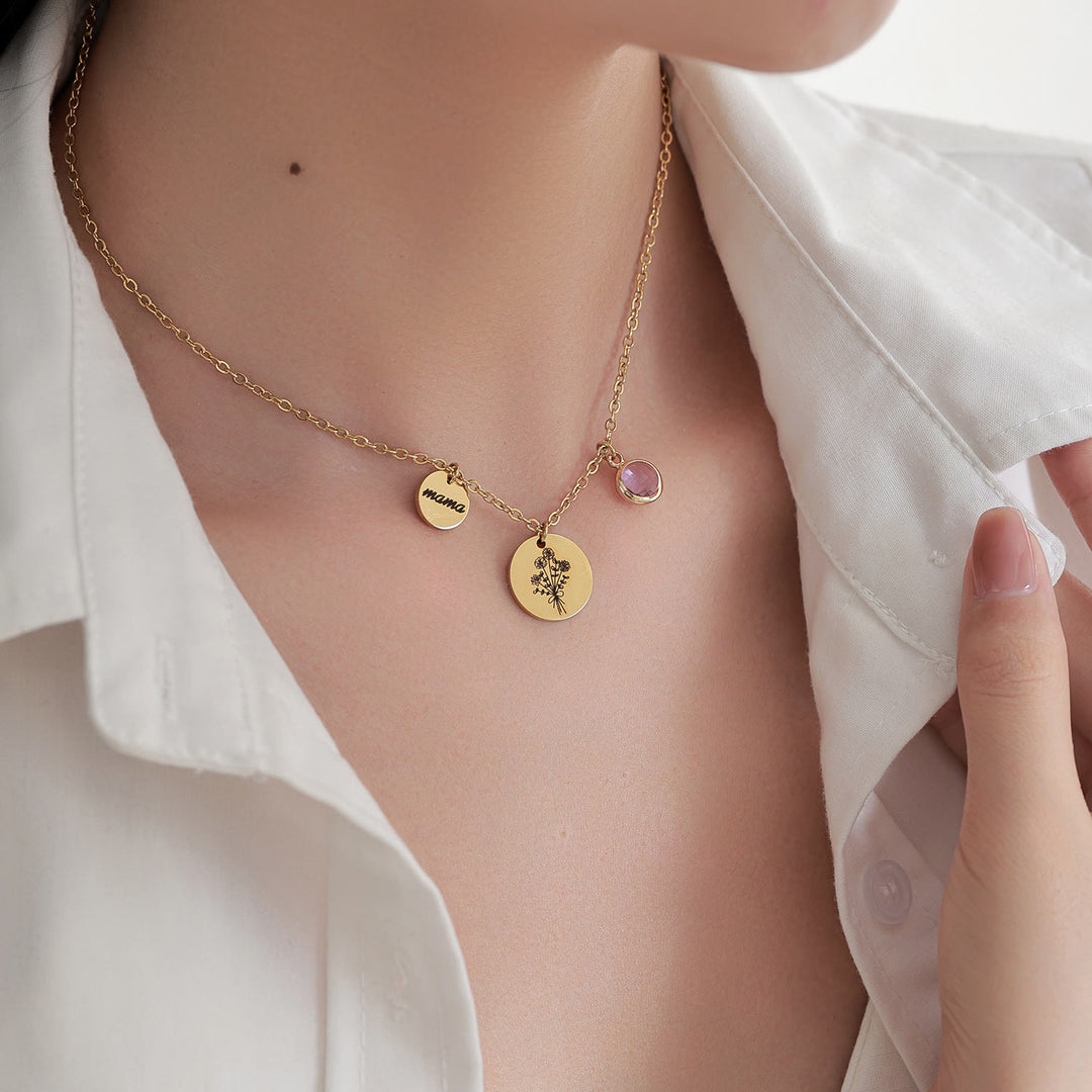 Collier en acier inoxydable avec pierre de naissance et fleur de naissance personnalisée Olivenorma