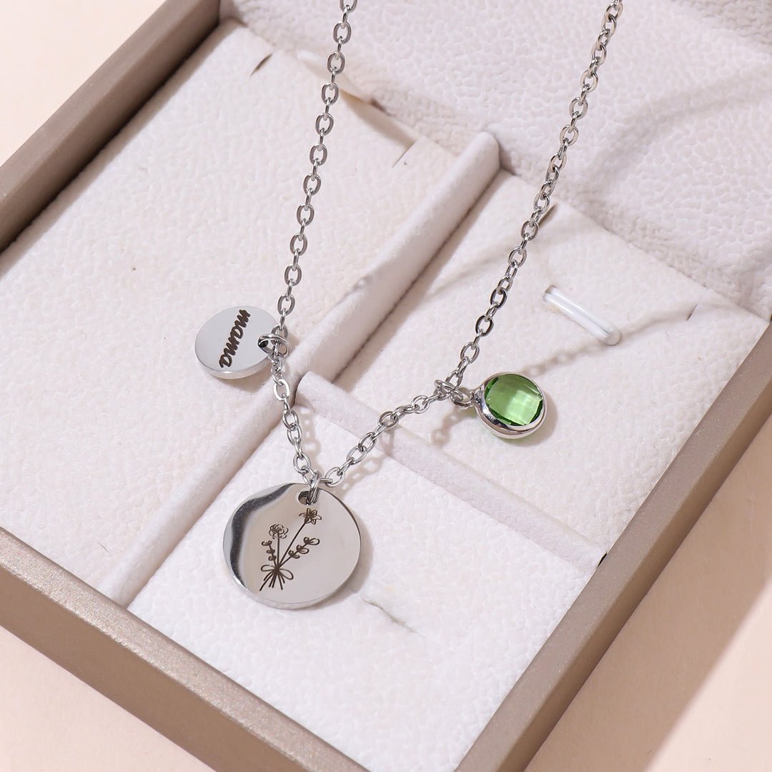 Collier en acier inoxydable avec pierre de naissance et fleur de naissance personnalisée Olivenorma