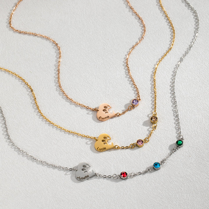 Collier personnalisé Olivenorma avec pierre de naissance en forme de patte de chien et cœur creux