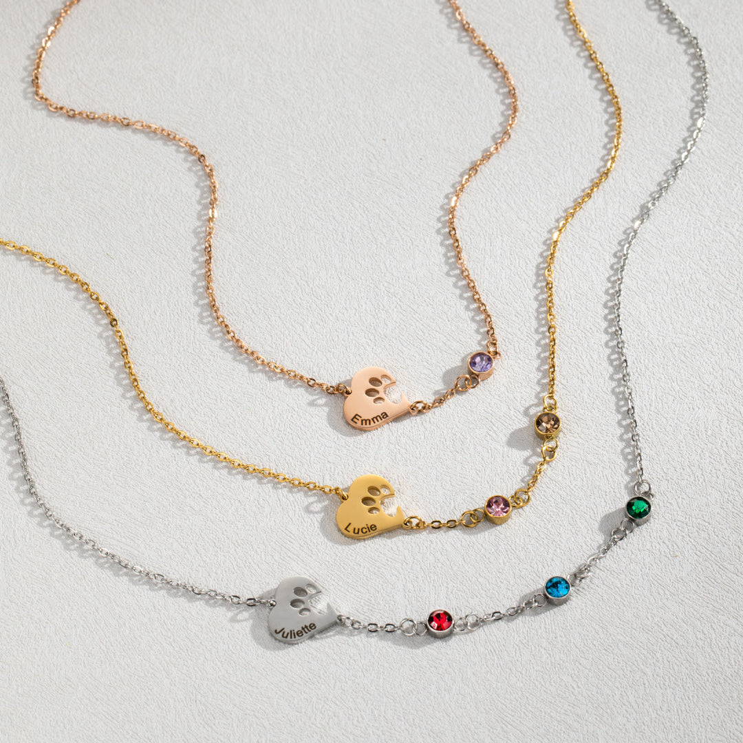 Collier personnalisé Olivenorma avec pierre de naissance en forme de patte de chien et cœur creux
