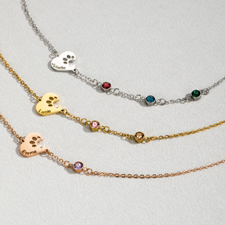 Collier personnalisé Olivenorma avec pierre de naissance en forme de patte de chien et cœur creux