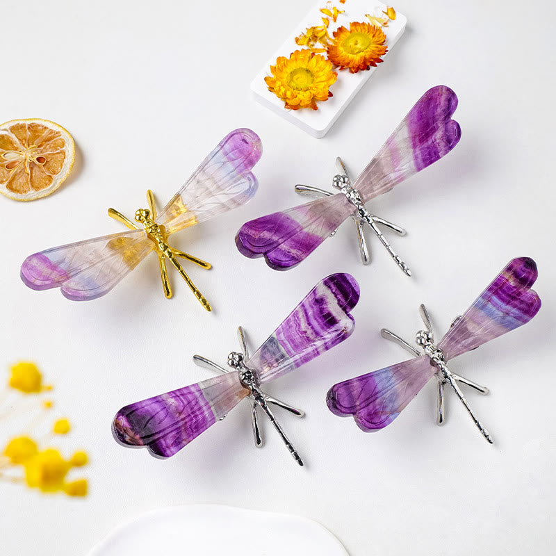 Décoration en pierre précieuse naturelle en fluorite arc-en-ciel Olivenorma, libellule