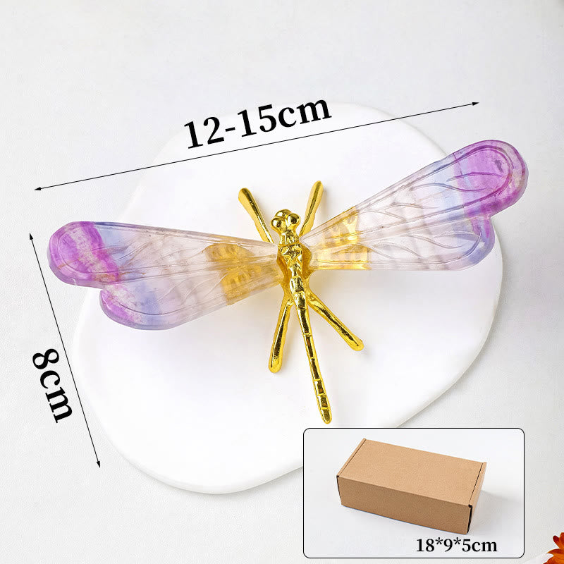 Décoration en pierre précieuse naturelle en fluorite arc-en-ciel Olivenorma, libellule